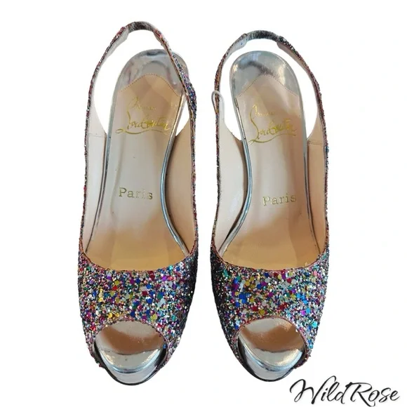 CHRISTIAN LOUBOUTIN Sparkle Confetti Glitter Prive Slingback Pump Sandals SZ 36
